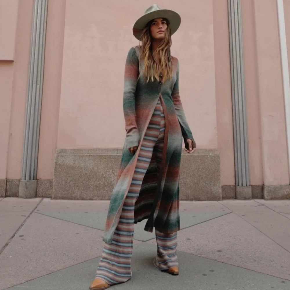 FREE PEOPLE Esme Striped High Rise Flare Pants In Ocean Combo Bell Bottoms M - Picture 14 of 14